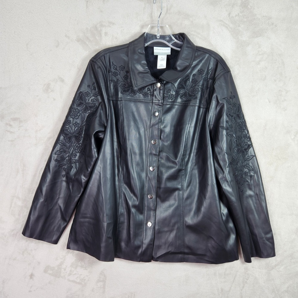 Alfred Dunner Faux Leather Jacket Women PL Petite Large Black Embroidered Runway